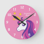 かわいいピンクのユニコーンの子供の寝室の子供部屋部屋 ラウンド壁時計 (正面)