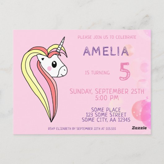 かわいいピンクのユニコーンの子供の誕生日パーティー招待状 ポストカード (裏面)