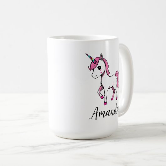 かわいいピンクのユニコーンの漫画の名前 コーヒーマグカップ (正面右)