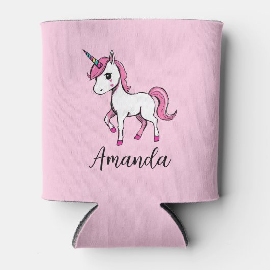 かわいいピンクのユニコーンの漫画の名前 缶クーラー (正面)