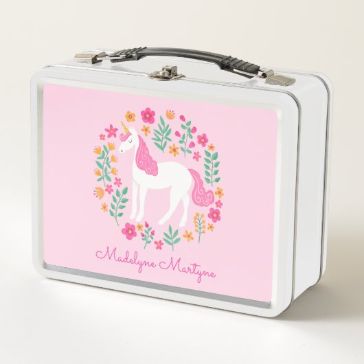 かわいいピンクのユニコーンの花パーソナライズされたの名前 メタルランチボックス (正面)