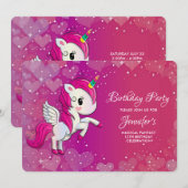 かわいいピンクのユニコーンの誕生日 招待状 (正面/裏面)