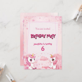 かわいいピンクのユニコーンの魔法の誕生日招待状 カード