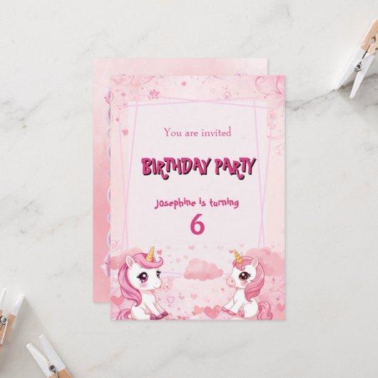 かわいいピンクのユニコーンの魔法の誕生日招待状 カード (正面/裏面インサイチュ)