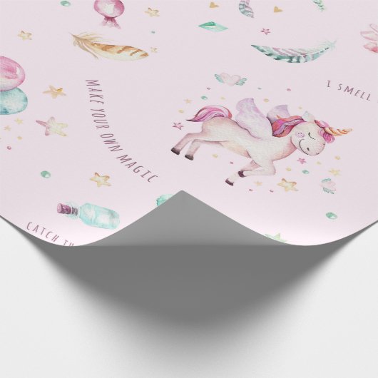 かわいいピンクのユニコーンは自分の魔法の赤ちゃんシャワーを作る ラッピングペーパー (角)