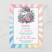 かわいいピンクのユニコーンをテーマにした女の子の誕生日招待状 ポストカード (正面)