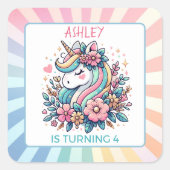 かわいいピンクのユニコーンをテーマにした少女の誕生日 スクエアシール (正面)