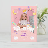 かわいいピンクのユニコーンカスタムの写真誕生日 招待状 (スタンド正面)