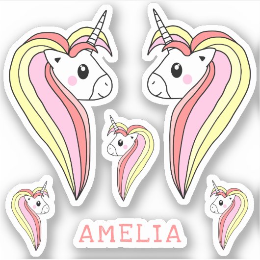 かわいいピンクのユニコーンガーリー名子供ステッカー シール (正面)