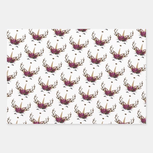 かわいいピンクのユニコーンクリスマスパターズピンク ラッピングペーパーシート (正面3)