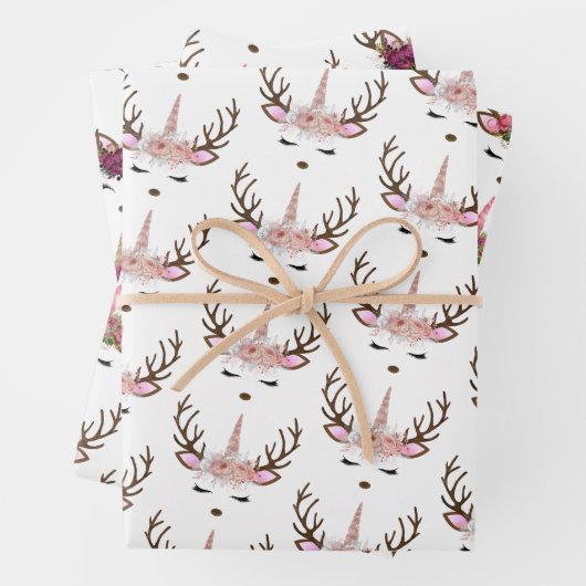 かわいいピンクのユニコーンクリスマスパターズピンク ラッピングペーパーシート (インサイチュ)