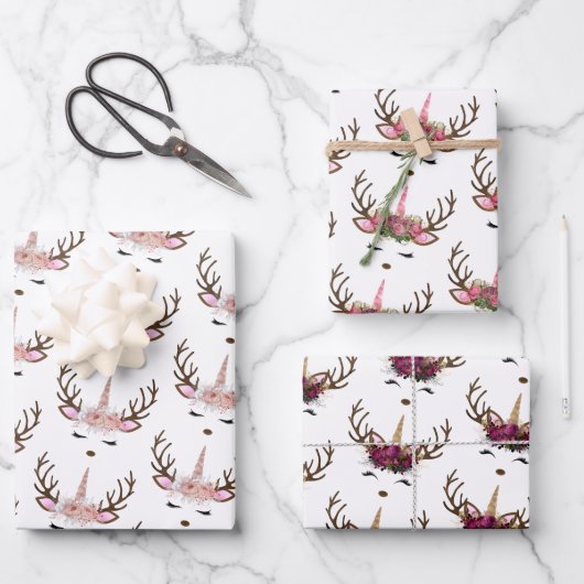 かわいいピンクのユニコーンクリスマスパターズピンク ラッピングペーパーシート (正面)