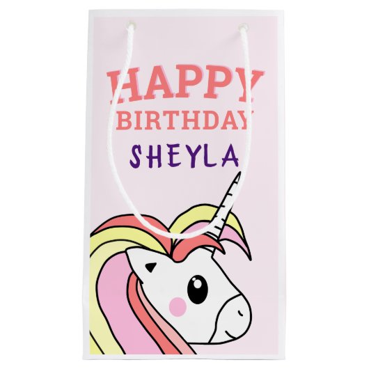 かわいいピンクのユニコーンハッピーバースデーキッズネーム小G スモールペーパーバッグ (正面)
