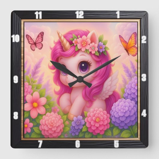 かわいいピンクのユニコーンバタフライ スクエア壁時計 (正面)