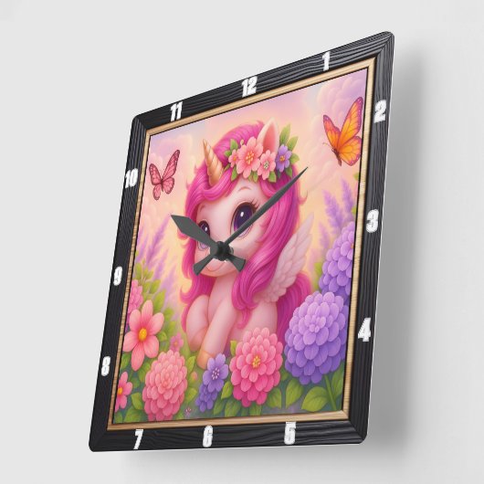 かわいいピンクのユニコーンバタフライ スクエア壁時計 (傾斜)