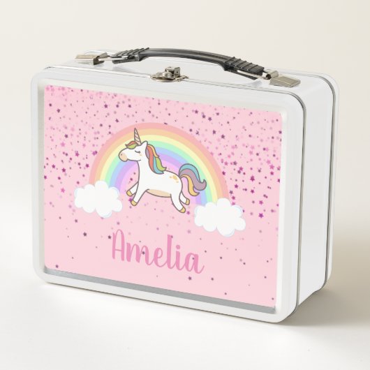 かわいいピンクのユニコーンパーソナライズされた虹 メタルランチボックス (正面)