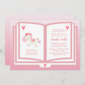 かわいいピンクのユニコーンブックテーマガールズベビーシャワー 招待状 (正面/裏面)