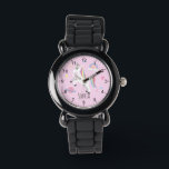 かわいいピンクのユニコーンレインボー&ネームキッズ 腕時計<br><div class="desc">この可愛いモダン子供たちは、虹、ハート、惑星、星、王冠とユニコーンの漫画を見て、あなたの女の子の名前でパーソナライズされたきることができる。簡単に澄ん読み取り可能な数字で、この「最初の」時計は子供や幼児の素晴らし時間に始まるだけ学のためである。ピンクの魔法のデザインが可愛い！</div>