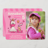 かわいいピンクのユニコーン写真誕生日パーティー 招待状 (正面/裏面)