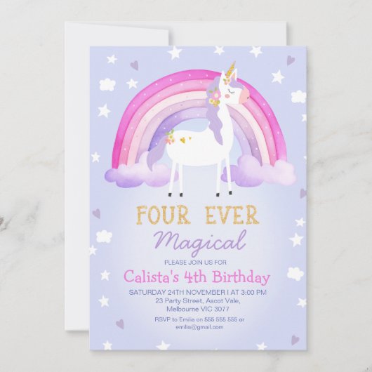 かわいいピンクのユニコーン四回の魔法の4歳の誕生日 招待状 (正面)