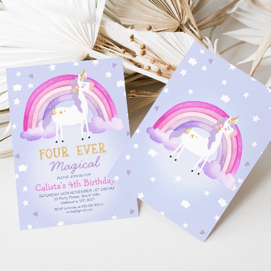 かわいいピンクのユニコーン四回の魔法の4歳の誕生日 招待状