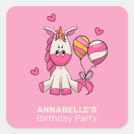 かわいいピンクのユニコーン女の子の誕生日パーティーステッカー スクエアシール