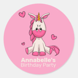 かわいいピンクのユニコーン女の子の誕生日パーティーステッカー ラウンドシール
