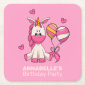 かわいいピンクのユニコーン女の子の誕生日パーティー スクエアペーパーコースター (正面)