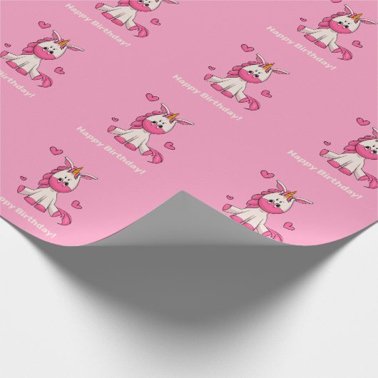 かわいいピンクのユニコーン女の子の誕生日パーティー ラッピングペーパー (角)