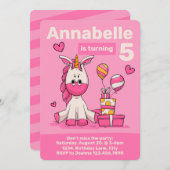 かわいいピンクのユニコーン女の子の誕生日パーティー 招待状 (正面/裏面)