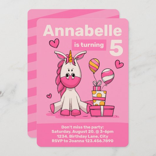 かわいいピンクのユニコーン女の子の誕生日パーティー 招待状 (正面/裏面)