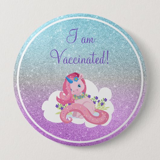 かわいいピンクのユニコーン私はワクチン接種 缶バッジ (正面)