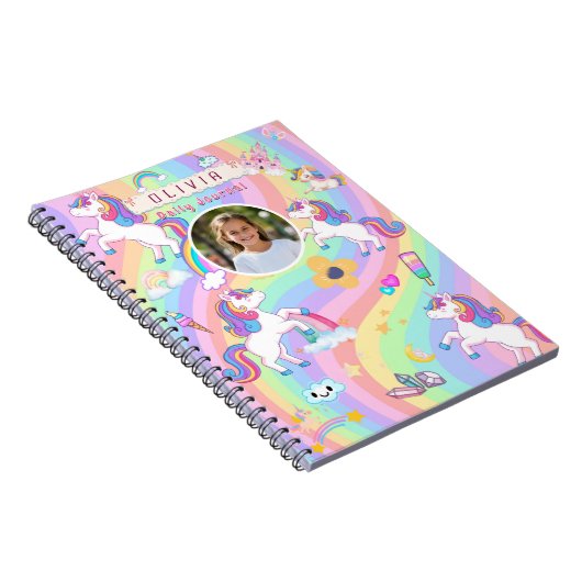 かわいいピンクのユニコーン虹カスタム名前写真 ノートブック (右側)