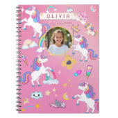 かわいいピンクのユニコーン虹カスタム名前写真 ノートブック (正面)
