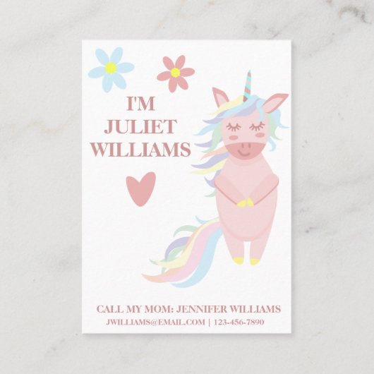 かわいいピンクのユニコーン遊び場のママ呼び出しカード 名刺 (裏面)