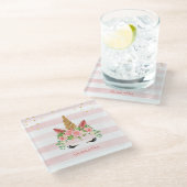 かわいいピンクのユニコーン顔と花 ガラスコースター (アングル)