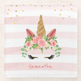 かわいいピンクのユニコーン顔と花 ガラスコースター