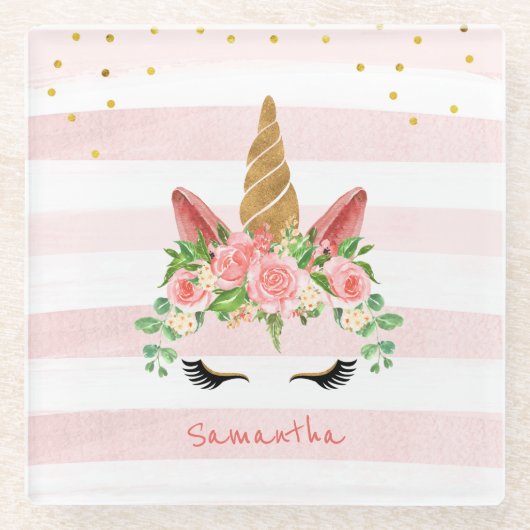 かわいいピンクのユニコーン顔と花 ガラスコースター (正面)