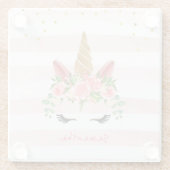 かわいいピンクのユニコーン顔と花 ガラスコースター (裏面)