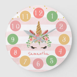 かわいいピンクのユニコーン顔と花 ラージ壁時計