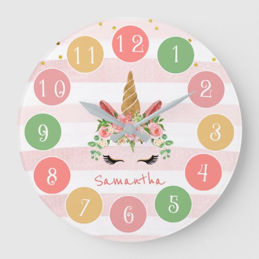 かわいいピンクのユニコーン顔と花 ラージ壁時計 (正面)