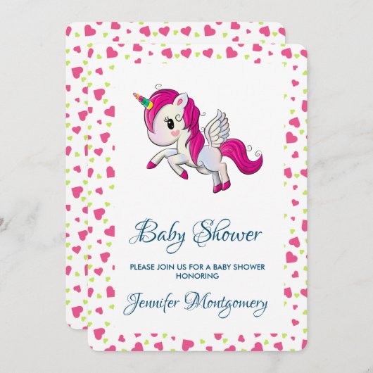 かわいいピンクのユニコーン（羽つき） 招待状 (正面/裏面)