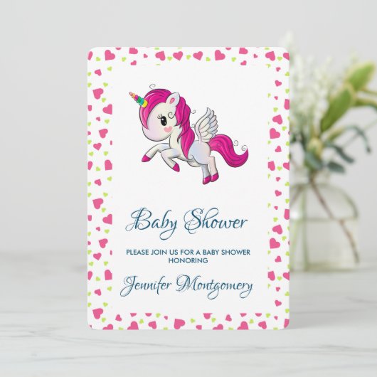 かわいいピンクのユニコーン(羽つき) 招待状 (スタンド正面)