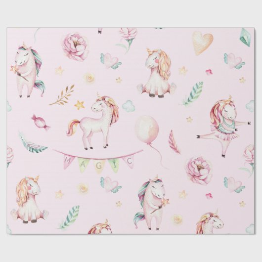 かわいいピンクのユニコーンBohoフローラ赤ちゃんシャワー ラッピングペーパー (フラット)