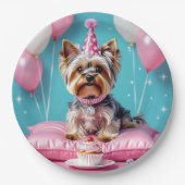 かわいいピンクのヨーキーの誕生日 ペーパープレート (正面)
