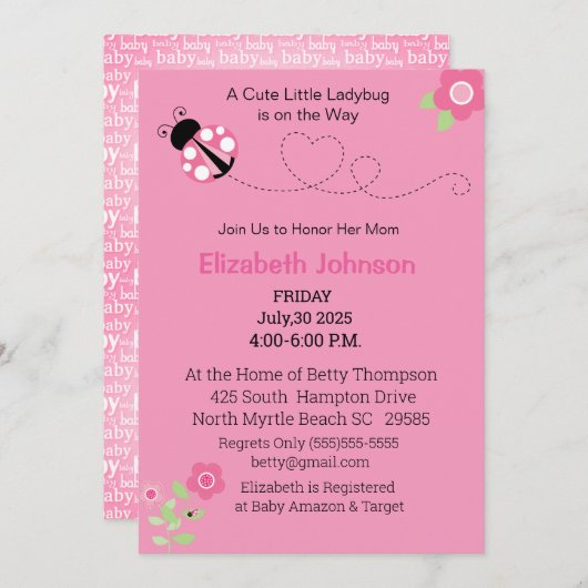 かわいいピンクのラディバグフローラベビーシャワー 招待状 (正面/裏面)