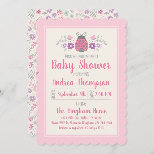 かわいいピンクのラディバグ女の子ベビーシャワー招待状 招待状 (正面/裏面)