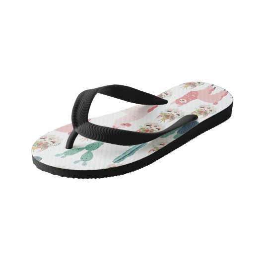 かわいいピンクのラマと緑のサボテン キッズビーチサンダル (アングル)