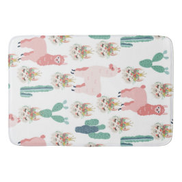 かわいいピンクのラマと緑のサボテン バスマット