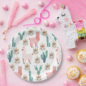 かわいいピンクのラマと緑のサボテン ペーパープレート (パーティー)